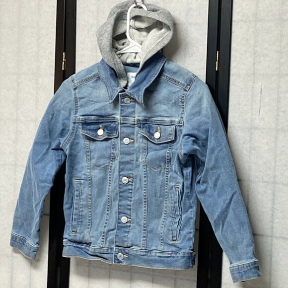 Old Navy Denim Trucker Jacket L Faded Medium Blue Jean Hoodie Button-Up Kids L - Picture 4 of 11